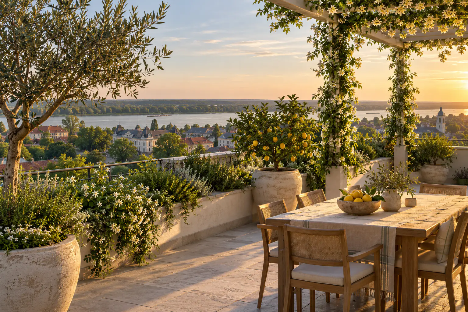 A rooftop terrace at golden hour with an olive tree, a lemon tree and jasmine on a pergola above the roofs of a Danube town.