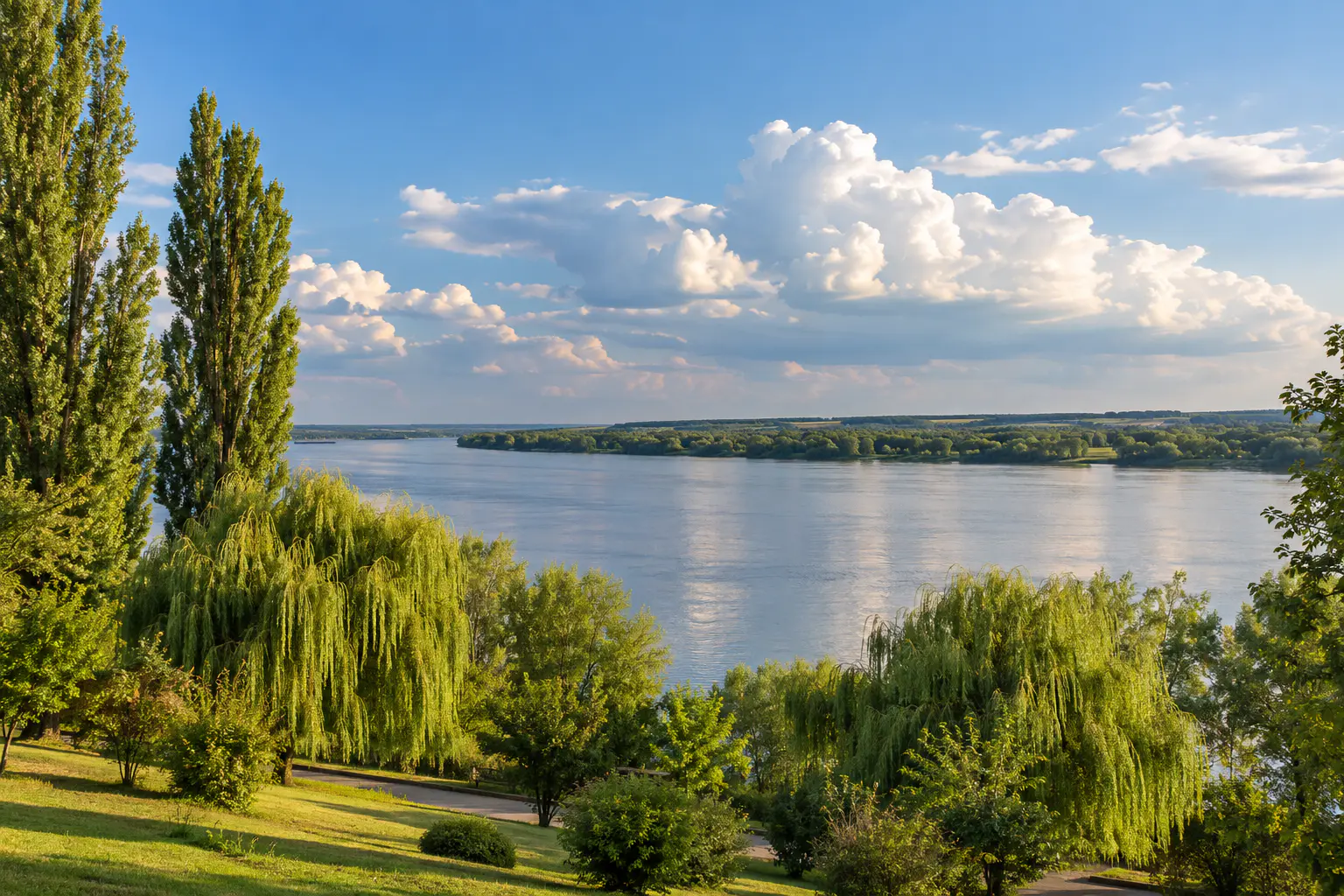 The wide Danube at Ruse seen from a riverside park with willows and poplars under white clouds.