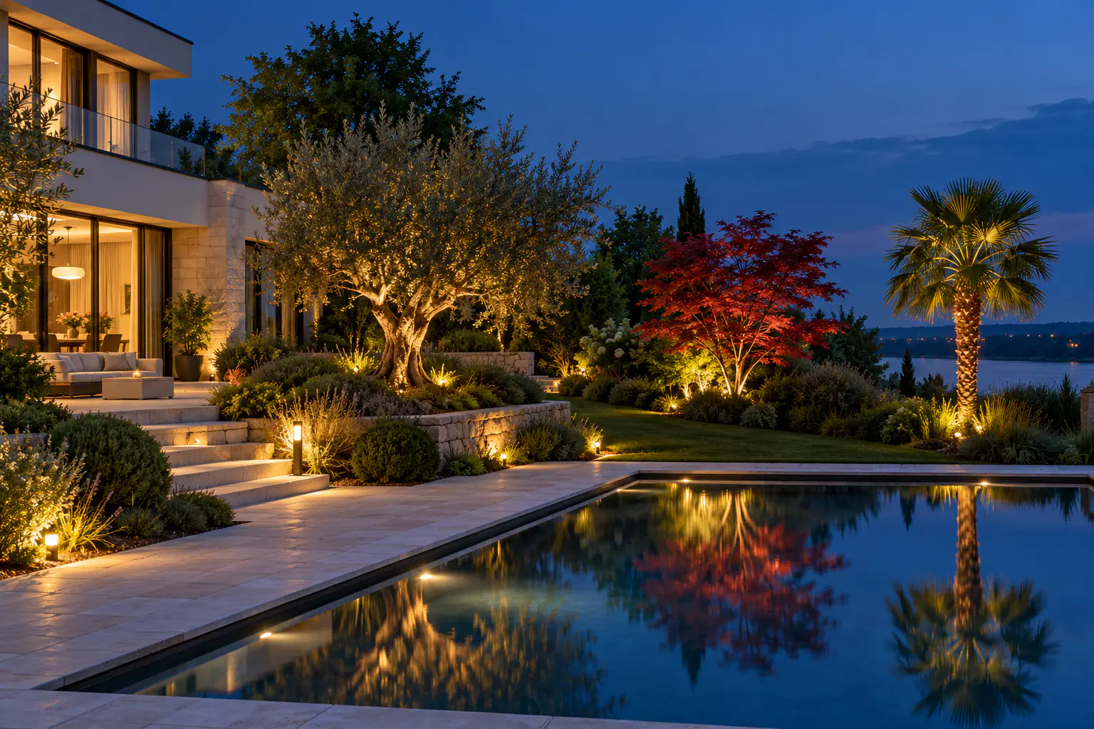 A villa garden at blue hour with lit windows, uplit olive tree, Japanese maple and palm, and a still pool reflecting the lights.