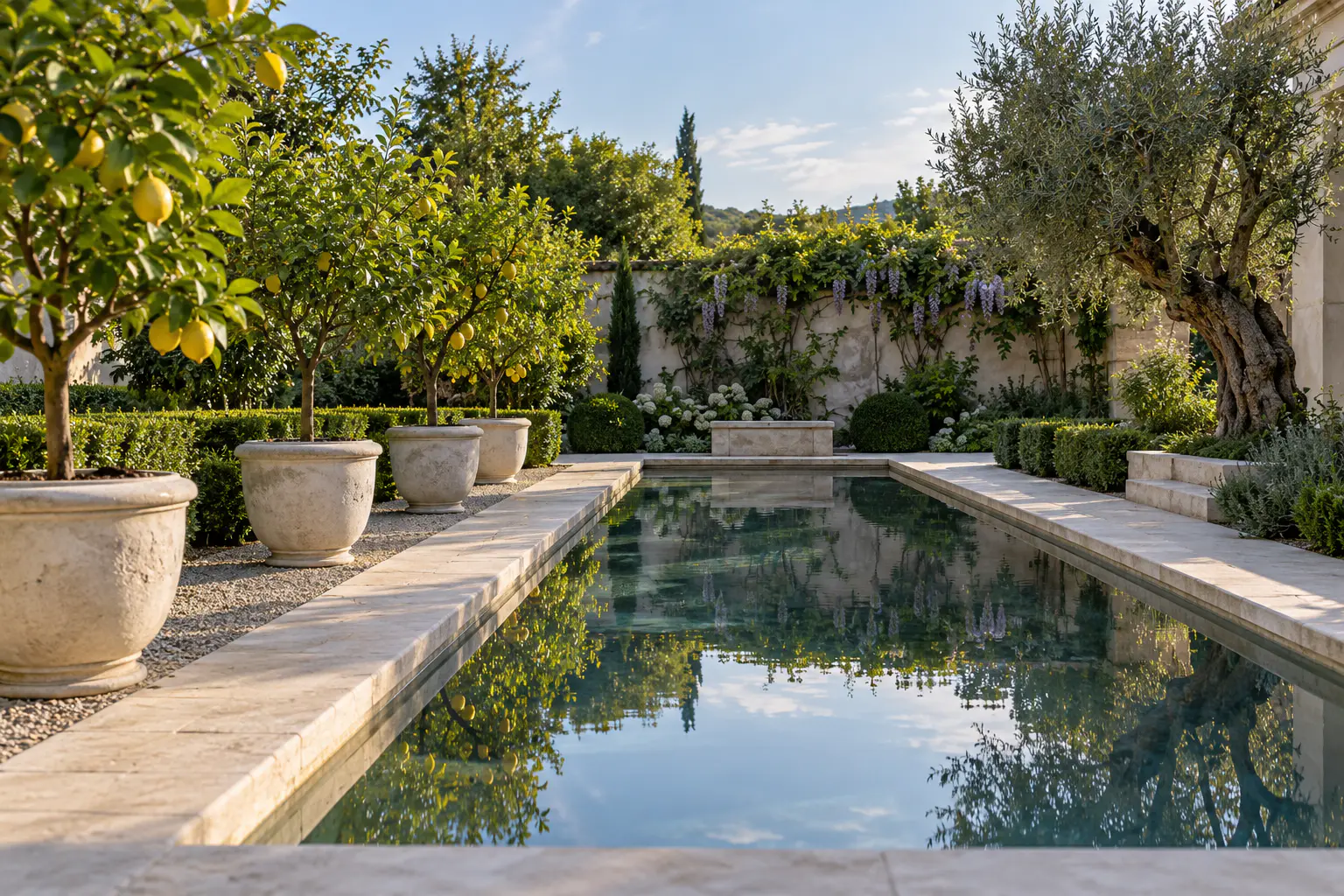 A long still reflecting pool in a walled garden, flanked by lemon trees in stone pots and an old olive tree.