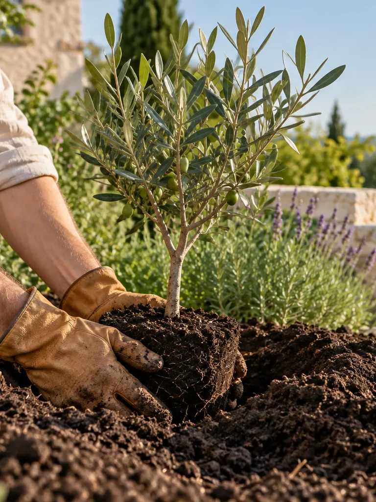 Gloved hands setting a young olive tree into dark garden soil.