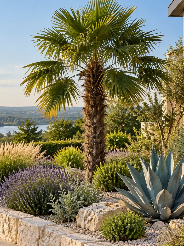 A gravel garden by a warm wall with a windmill palm, a blue agave, a yucca, grasses and lavender.