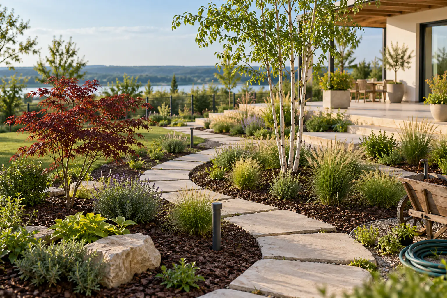 A newly made garden with a pale stone stepping path, fresh beds, a young Japanese maple and a multi-stem birch.