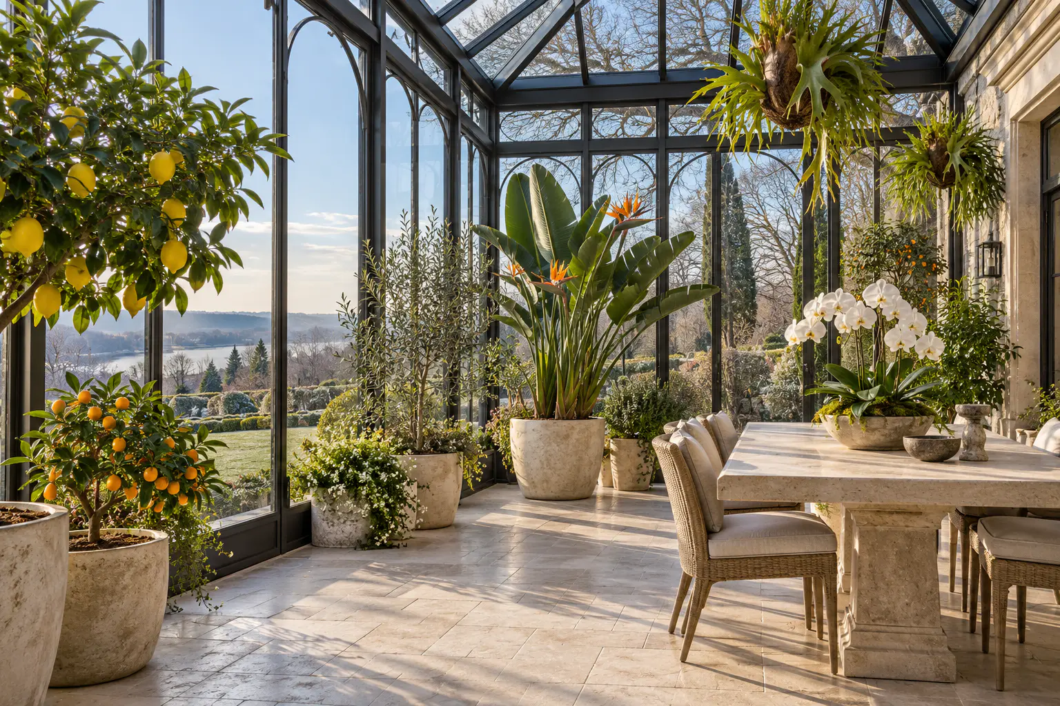 An orangery with lemon and kumquat trees in stone pots, a bird of paradise plant, ferns and an orchid.