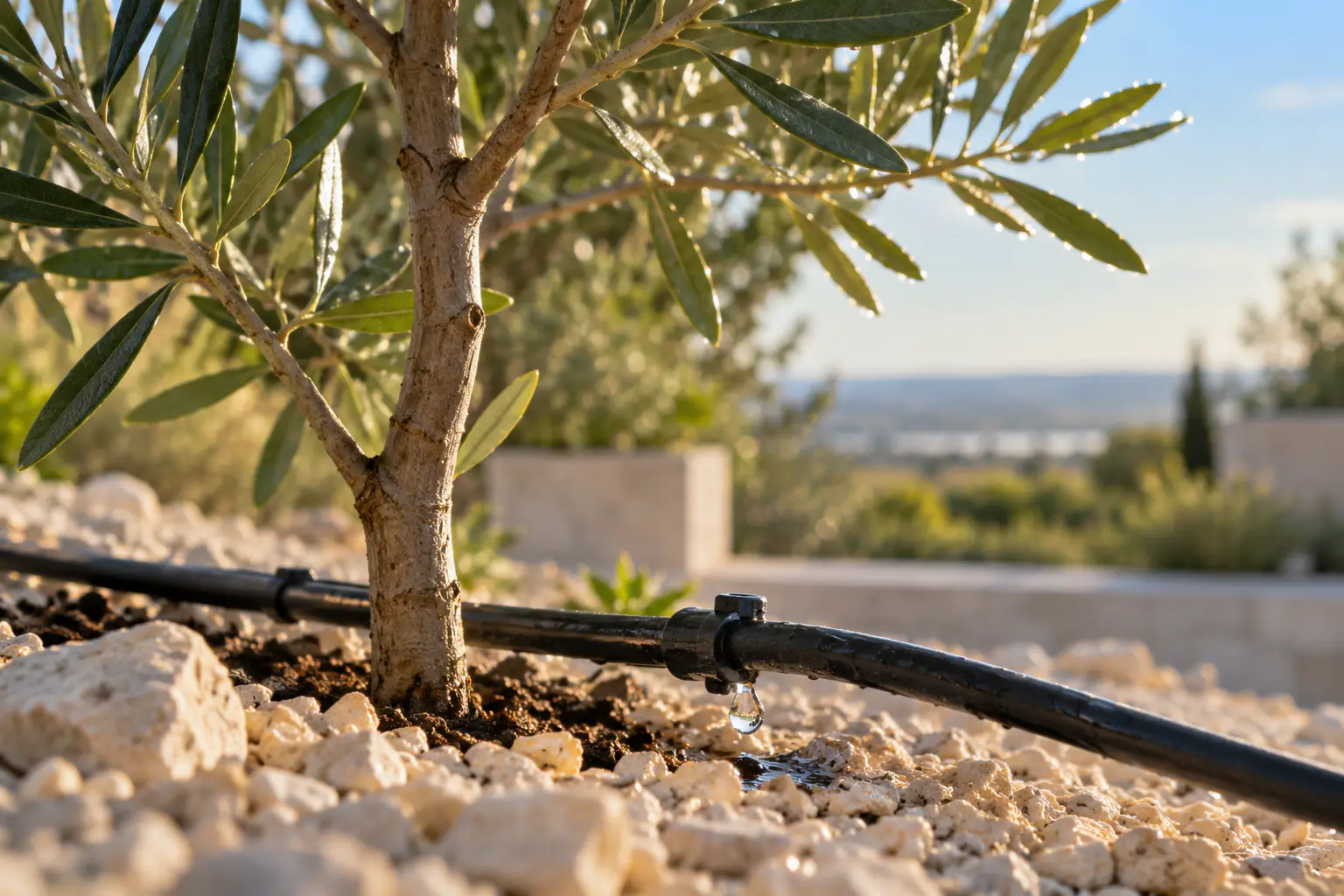 A drip line releasing a drop of water at the base of a young olive tree in gravel.