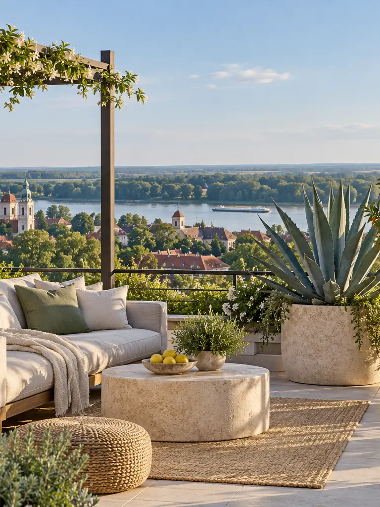 A terrace with a kumquat and a lemon tree in stone planters, an agave and jasmine on a pergola, over the roofs of a Danube town.